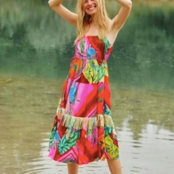 Farm Rio Anthropologie Palila Empire Waist Fringe Colorful Tropical Dress - Picture 2 of 10